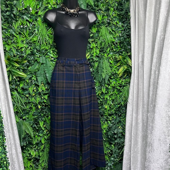 Ann Taylor Dress Pants Womens Size 6 Navy Blue Plaid Wide Leg Crop Belted 3758 - Picture 3 of 10